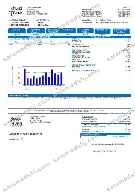 USA Texas Grand Prairie utility bill template in Word and PDF format